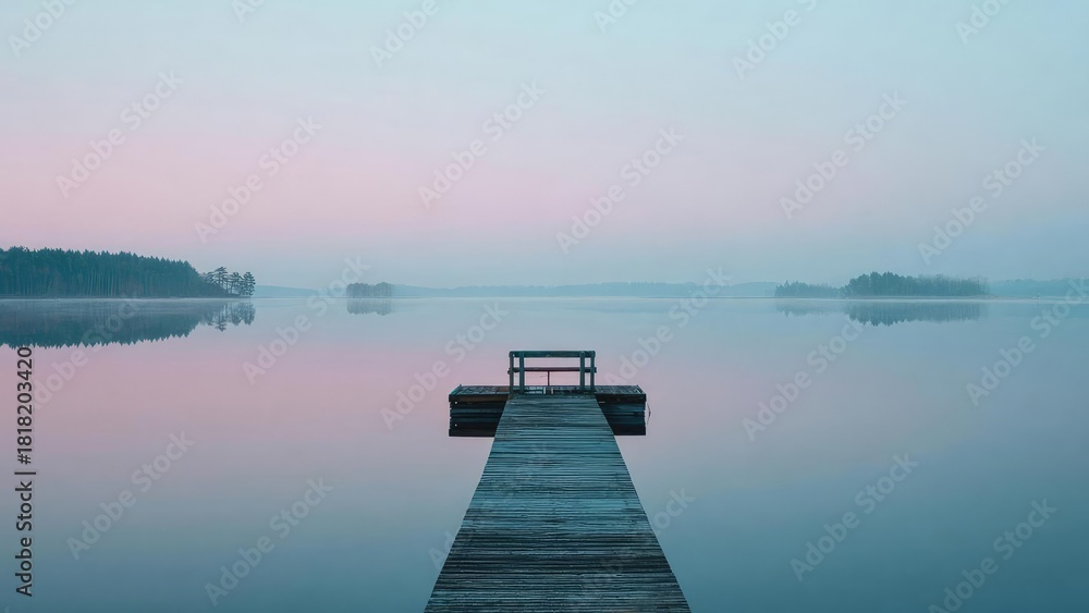 Fototapeta premium A wooden pier extends into a calm lake with a pastel pink and blue sky mirrored on the water. Concept Pastel Sunrise, Wooden Pier, Calm Lake, Water Reflections, Serene Moment