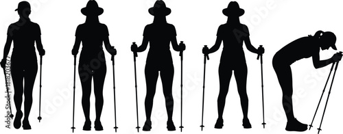 Silhouette hiking poses with poles, standing and resting, black vector art, outdoor trekking motion, mountain activity, stock illustration