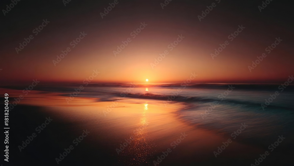 Fototapeta premium Sunset over the ocean with the sun on the horizon and an orange glow reflecting on the wet sand and gentle waves. Concept Sunset Over Ocean, Horizon Glow, Orange Reflection, Wet Sand Texture