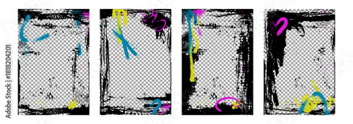 Graffiti style urban frame set with distressed black borders, colorful spray paint marks and transparent layouts. Rough brushstrokes with drips on street art aesthetic for modern graphic design.