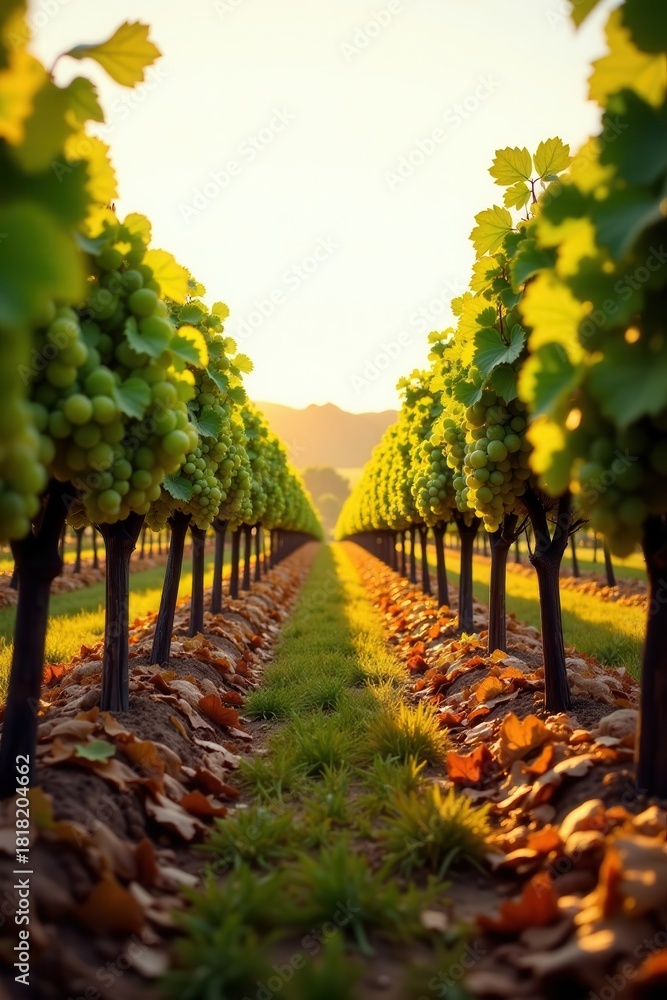 Fototapeta premium Golden Hour Vineyard Rows Lush Green Grapes and Autumn Leaves at Sunset