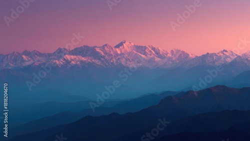 Snow-capped mountains bathed in pink sunset light, with blue hazy valleys receding into the distance. Concept Snow-Capped Mountains, Pink Sunset Light, Blue Hazy Valleys, Distant Mountain Vistas