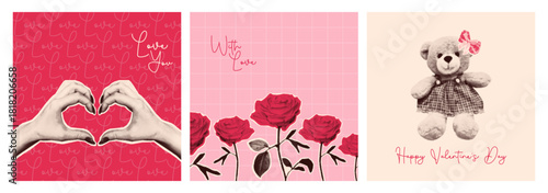 Halftone valentine day cards with heart gesture, red roses on pink background and vintage teddy bear in dress with bow. Retro paper collage style love graphics for romantic greetings or scrapbook.