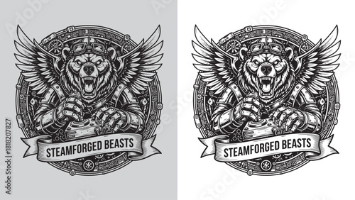 Steamforged Beasts Grizzly Bear Mascot with Wings and Steampunk Pilot Goggles Holding Controller, Monochrome Vector Logo