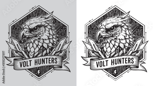 Volt Hunters Eagle Head Mascot on Digital Circuit Board Hexagon Emblem with Lightning Bolt, Vector E-sports Logo