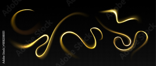 Twirl gold light streams with magical glow effects on dark transparent background. Elegant swirling energy patterns and golden sparkles. Abstract design with luminous curves and flowing particles.