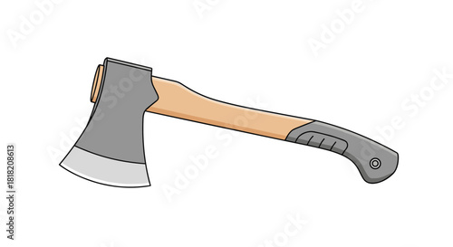 A simple cartoon illustration of a modern hand axe or hatchet with a sharp steel blade and a wooden handle with a rubber grip.