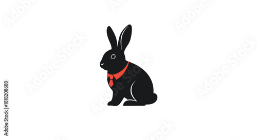 A simple and clever logo design featuring the silhouette of a black rabbit wearing a smart red collar and tie for a modern brand.
