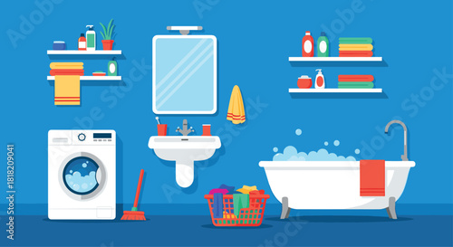 A clean and modern bathroom interior shown in a flat design style with a bathtub washing machine sink and other furniture.