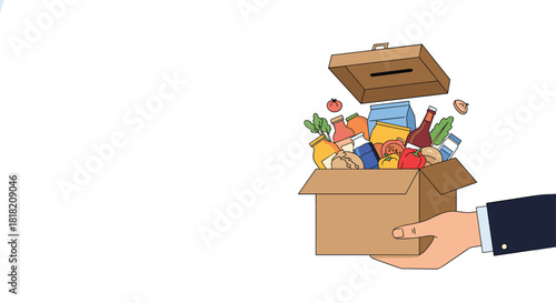 A hand holds out an open cardboard box filled with a variety of fresh groceries as a concept for food donation or delivery service.