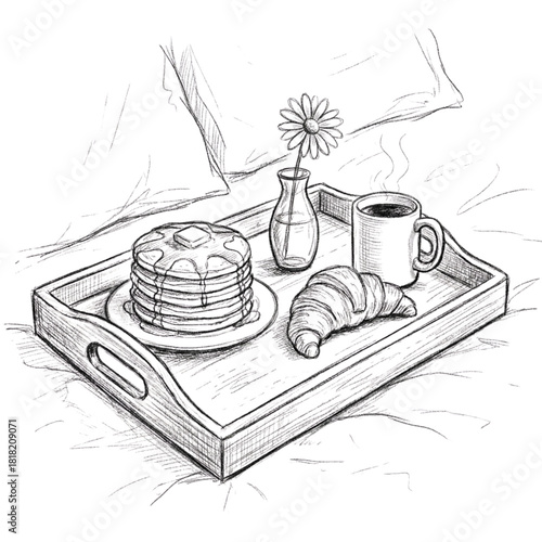 Hand-Drawn Sketch Cozy Breakfast in Bed Featuring Delicious Pancakes, Syrup, Croissant, Hot Coffee, and a Fresh Daisy, Evoking Relaxing Morning Indulgence