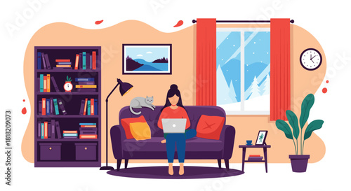 A woman sits on a cozy sofa working on her laptop in a comfortable living room with a cat and a snowy view from the window.