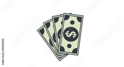 A simple flat icon of four fanned out dollar bills representing cash money payment savings or financial concepts in a minimalist style.