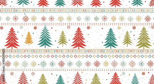 A festive seamless Christmas pattern with colorful trees snowflakes and geometric shapes in a traditional Nordic or Scandinavian style.
