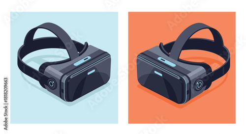 Two isometric illustrations of a modern virtual reality headset or VR goggles on light blue and orange backgrounds for gaming.