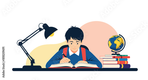 A young student doing his homework at a desk with a stack of books a globe and a lamp representing education and diligent learning.