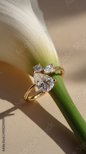 a luxurious open-ended double-sided ring on a white calla lily stem, featuring a large yellow pear-cut diamond on one side and three smaller pear-cut diamonds arranged diagonally with a visible gap