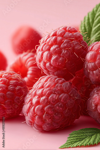 fresh ripe raspberries arranged gracefully on a soft pastel pink background, decorated with a few green raspberry leaves.