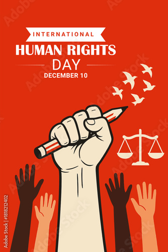 International human rights day december 10 fist holding pencil birds scales