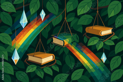 Books and crystals suspended in leaves with rainbow light