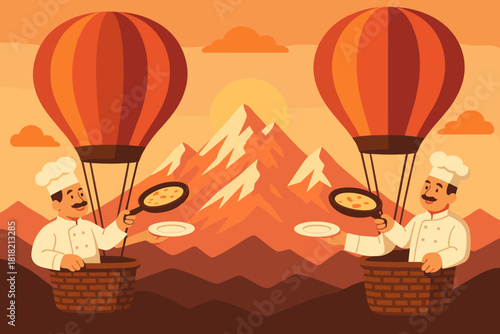 Chefs cooking in hot air balloons over mountain sunset scene