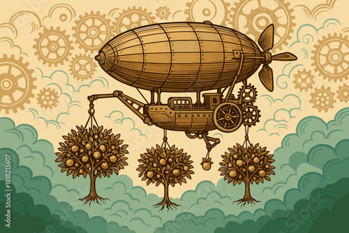Steampunk airship lifting fruit trees above clouds with gears
