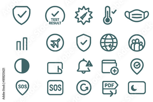 Set of medical and travel safety interface icons on metal texture