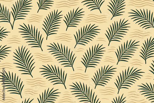 Tropical palm leaf seamless pattern on sandy background