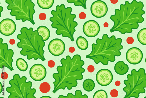 Seamless salad pattern with lettuce, cucumber and tomato