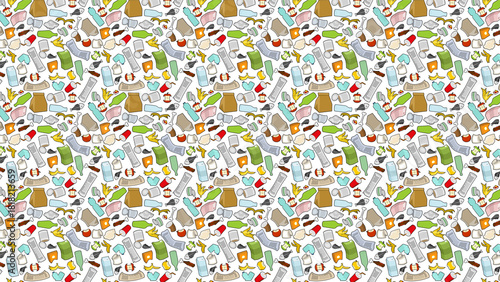 Seamless pattern of cartoon style trash including food waste and recyclable materials on a white background