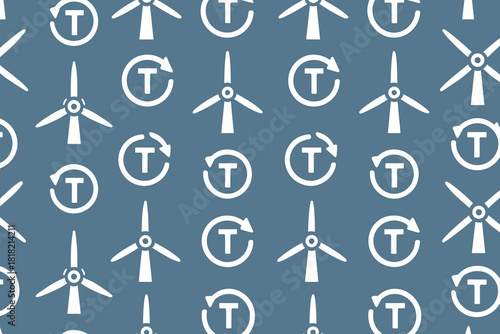 Seamless pattern of wind turbines and circular T icons on blue
