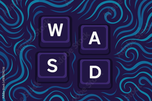 WASD gaming keys on abstract swirl background