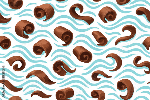 Seamless pattern of chocolate curls on blue background