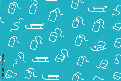 Seamless pattern of sleds and thermos bottles on blue