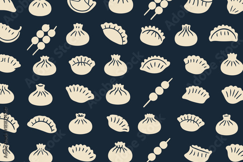 Seamless pattern of dumplings and skewers in minimalist style