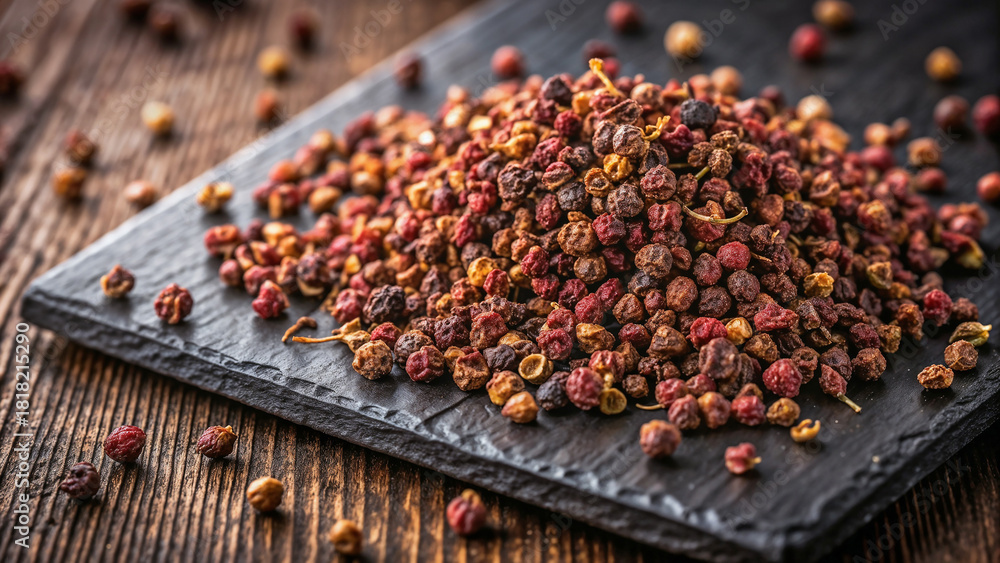Fototapeta premium Dried Sichuan peppercorns scattered on dark slate offer a flavorful and aromatic spice experience. Aromatic dried Sichuan peppercorns add complexity to Asian cuisine and beyond, perfect for seasoning.