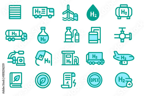 Set of hydrogen energy and fuel icons on green metallic background