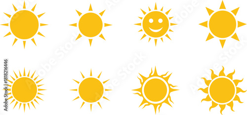 Stylized sun icon set, yellow graphic symbols, radiant weather illustration, flame and smiling sun design elements