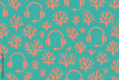 Bright seamless pattern with headsets and coral silhouettes