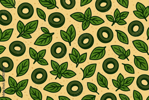 Seamless pattern with green basil leaves and black olive slices