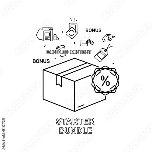 Line art icon set for starter bundle package with bonus content and discount tag isolated on