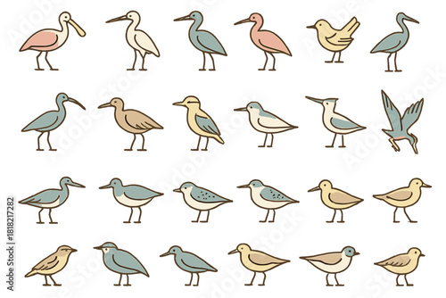 Set of colorful shorebird icons on warm gradient background
