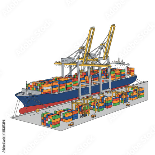 Container cargo ship is unloading cargo at the port, on a white background.