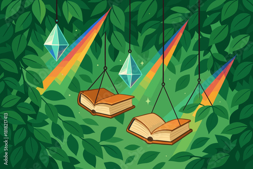 Hanging books and prisms casting rainbow light in foliage