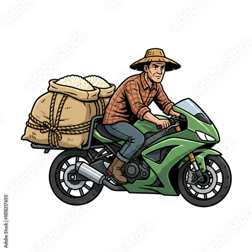 a farmer carrying rice using a sports motorbike, on a white background.