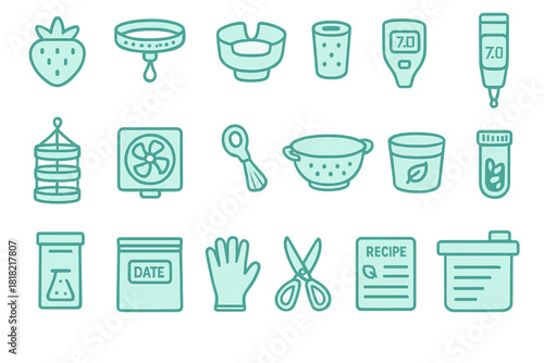 Dehydrated food and preservation icon set in line art style