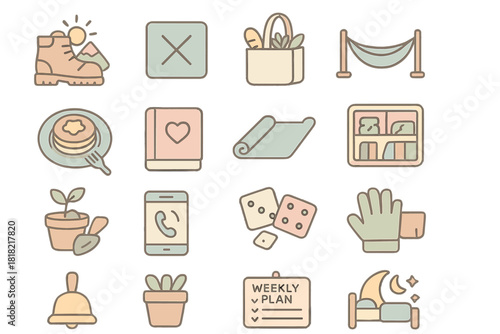 Soft pastel icon set for mindful lifestyle and daily planning