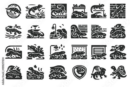 Spotted salamander and habitat icon set in bold monochrome style