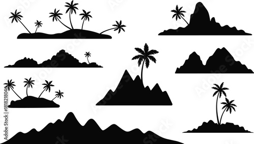 Tropical island silhouette illustration set, palm tree and mountain icons, nature graphic, exotic symbol, landscape design elements