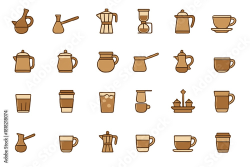 Collection of coffee and tea icons on brown gradient background